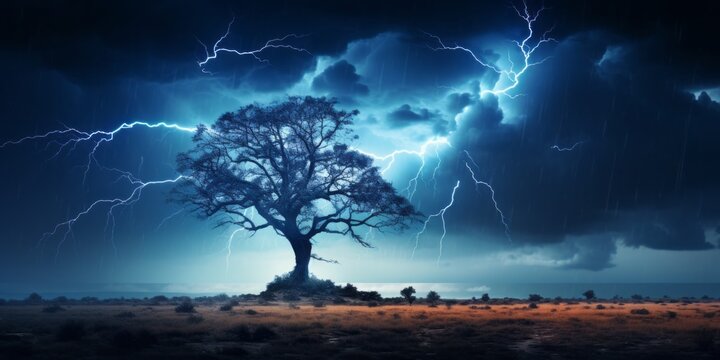A Powerful Lightning Bolt Strikes in Front of a Lone Tree, Creating a Dramatic and Electrifying Scene