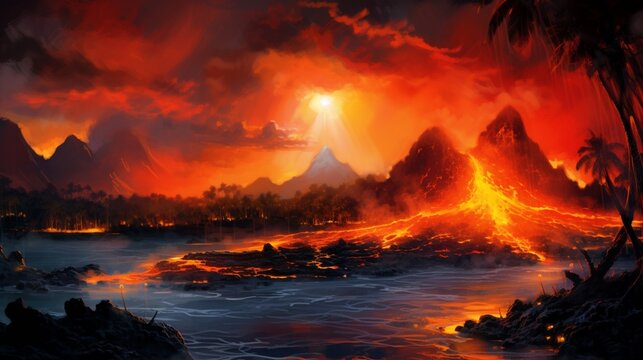 Amazing color mountain island sunset painting high resolution Ai generated art