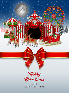 christmas greeting card with amusement park. christmas poster with circus, ferris wheel, carousel and sleigh with santa claus on winter landscape background