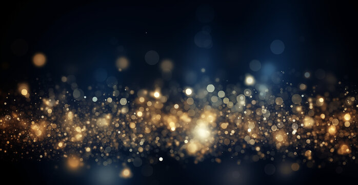 Golden Starry Night: Abstract Dark Blue and Gold Christmas Background with Sparkling Particles and Bokeh Lights. Festive New Year Illumination on Navy Background with Gold Foil Texture