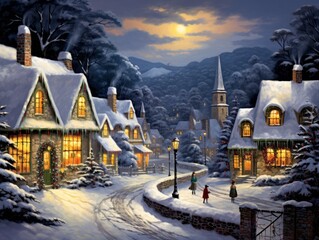 Magical Christmas night scene. Winter village landscape.