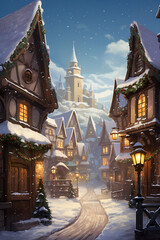 Winter Village Scene With Twinkling Lights