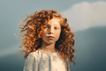 Portrait of little beutiful girl with curly hair and freckles on her face,neutral blue background,simple