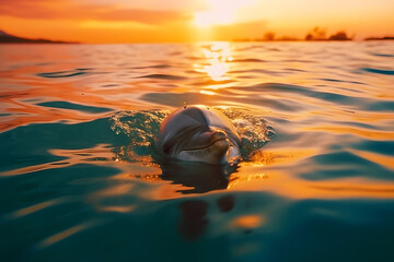 Sunset on the beach with dolphine in water,beautiful view,sunrise on beach.