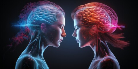 Scans of Male and Female Brains, Symbolizing Reflections, Mirroring, and the Complexity of Neurons - obrazy, fototapety, plakaty