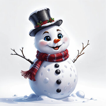 Pequeno e fofo boneco de neve sorridente, usando uma cartola preta e um cachecol vermelho, braços de galho e nariz de cenoura com fundo branco.