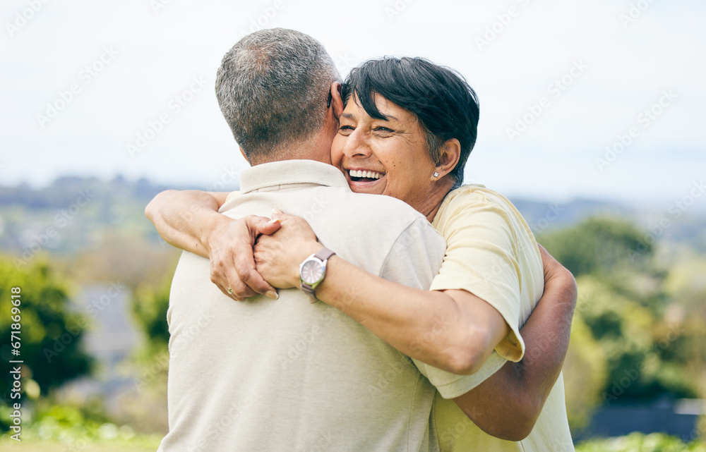 Wall mural Senior woman, hug and couple together in nature with happiness, love and care for husband or partner in garden. Happy, smile on face and people in retirement park, marriage and support in embrace