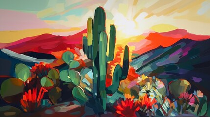 An oil painting depicting a cactus in the desert Ai generated art - obrazy, fototapety, plakaty
