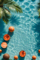 palm trees and drink at the edge of a swimming pool in a hotel, concept of relaxation on summer vacation, atmosphere in pastel colors, space for text - obrazy, fototapety, plakaty