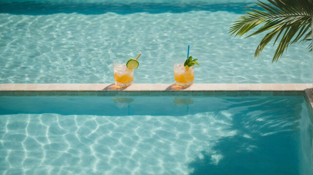 top view of abackground of a swimming pool in a luxury hotel, concept of relaxation on summer vacation and relaxation, space for text