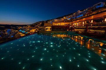 Fototapeta premium Amazing restaurant view at blue hours, Mykonos, Greece