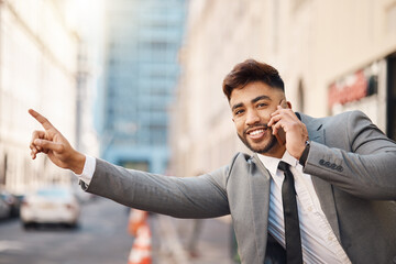 Business man, phone call and stop at taxi, transport and smile with smartphone, booking and city sidewalk. Entrepreneur, phone and pointing for driver, car or chauffeur in metro road, cbd and outdoor