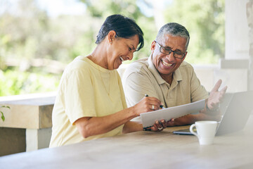 Laptop, budget and senior couple planning retirement pension fund online, internet or working together. Happy, paperwork and elderly people writing an mortgage plan or sign a contract in a home