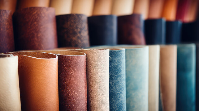 Samples of genuine leather in different colors and textures. Large assortment of natural or synthetic leather for footwear, accessories and furniture making, Tannery.