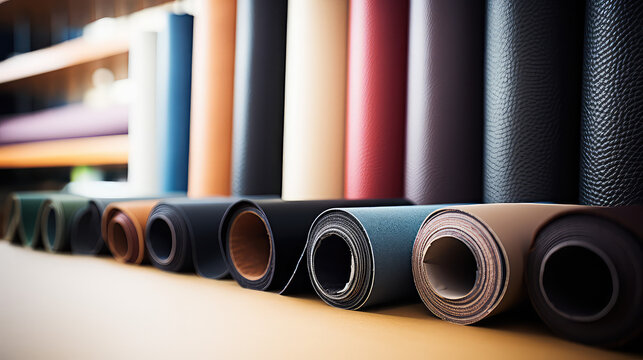 Samples of genuine leather in different colors and textures. Large assortment of natural or synthetic leather for footwear, accessories and furniture making, Tannery. 