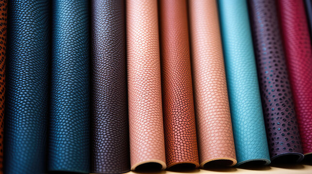Samples of genuine leather in different colors and textures. Large assortment of natural or synthetic leather for footwear, accessories and furniture making, Tannery. 