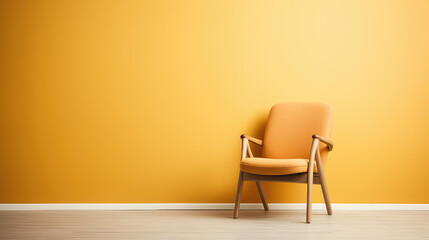 Beautiful comfortable upholstered armchair against a minimalistic Scandinavian style interior. Painted empty wall, copy space. 