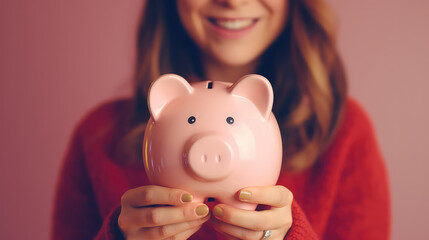 Fototapeta na wymiar Young woman holding a ceramic piggy bank. Creative concept of family savings, and financial stability, finances. 