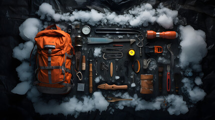 Winter Survival Kit Essentials Knolled on Icy Ground - obrazy, fototapety, plakaty