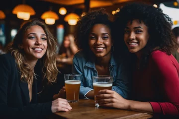 Fotobehang group of young ladies laughing, drinking having fun in the bar © Aleksandr