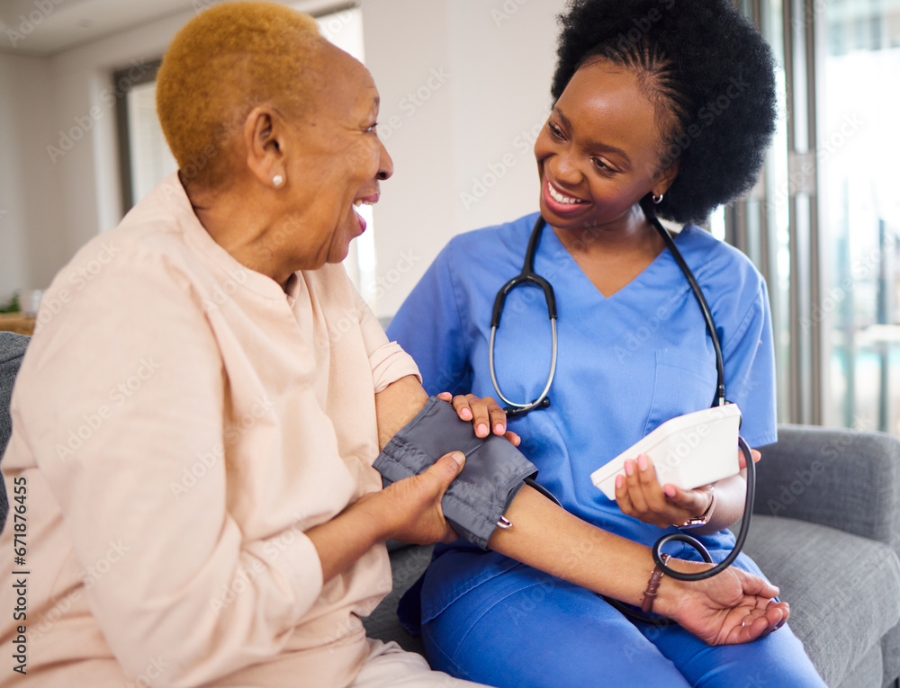 Canvas Prints Black woman, nurse and caregiver for blood pressure, elderly care or healthcare on sofa at home. African female person or medical professional helping or monitoring old age patient in living room