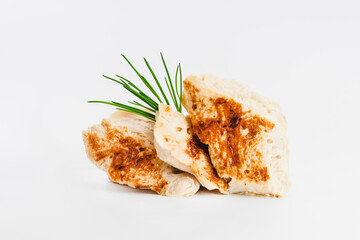Fast cooking.Chicken fillets fried until half cooked, semi-finished product on a white background. Fast homemade food.Fast food. Quick cooking at home. Copy space.