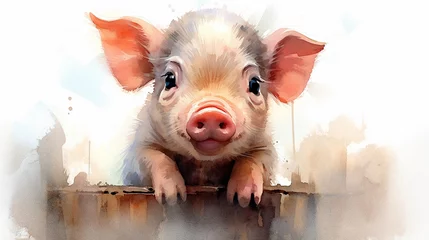 Fotobehang Baby pig watercolor portrait artwork animals illustration picture AI generated art © Biplob