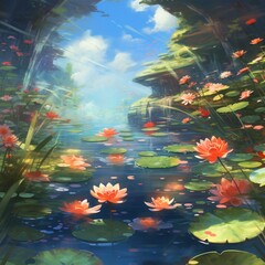 Beautiful anime peaceful pond with lily pads wallpaper image AI generated art