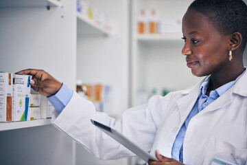 Black woman, tablet and pharmacist with checklist for pills, stock of medicine or information on...