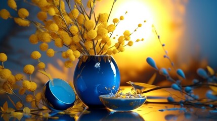 Beautiful bouquet yellow flowers with blue pot wallpaper image AI generated art