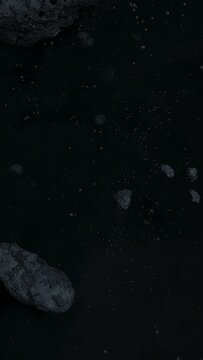 Passing Asteroid Field in Dark Outer Space and Cosmic Cloud Roll Tracking Shot