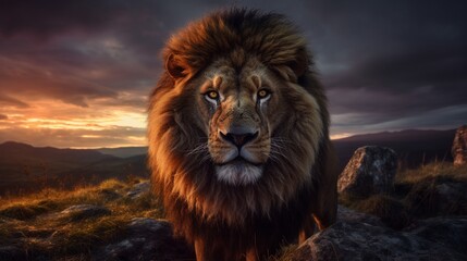 Naklejka premium Beautiful brown lion king head ultra wall angry animal photography image AI generated art