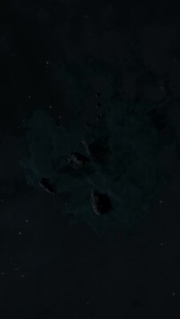 Asteroid belt field in dark outer space. 3D animation wide pan shot. Rock formations of cosmic debris and giant Meteorites. Celestial objects on starry stars background with dust nebula haze low light