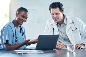 Doctor, laptop and meeting on a video conference at the hospital for medical discussion at the workplace. Healthcare professionals on a call having a conversation on computer for research at a clinic