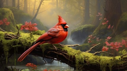 Beautiful cardinal red birds photography branch wallpaper image AI generated art - obrazy, fototapety, plakaty