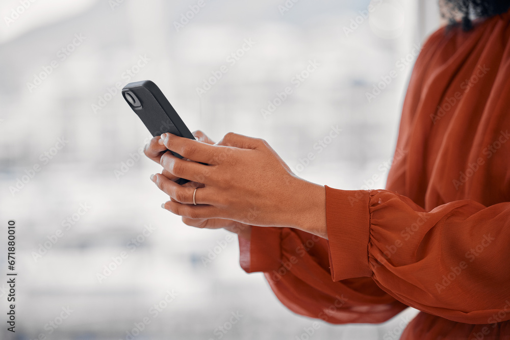 Aufkleber closeup hand, phone and networking of a person for business, social media or online app on bokeh. of