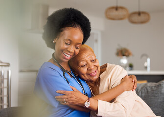 Black people, hug and nurse in elderly care for support, trust or healthcare in old age home. Happy African female person, caregiver or medical professional with senior patient in retirement on sofa - obrazy, fototapety, plakaty