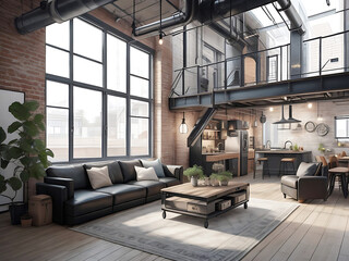 Living room interior in loft industrial style - obrazy, fototapety, plakaty