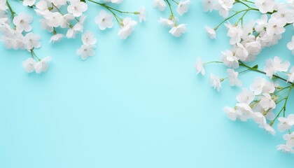 Obraz na płótnie Canvas Top view spring bouquet of gypsophila white flowers over pastel blue background