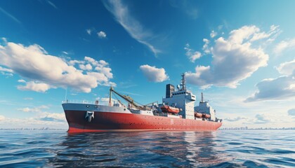 Fototapeta premium A loaded cargo container ship with containers in the ocean, traveling over calm, blue sea