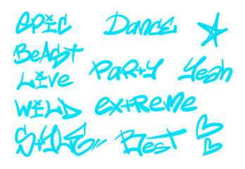Collection of graffiti street art tags with words and symbols in light blue color on white background