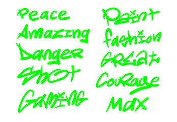 Obraz premium Collection of graffiti street art tags with words and symbols in light green color on white background