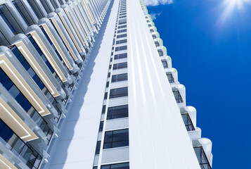 Bottom view of modern skyscrapers in business district, Business vision concept. 3D render