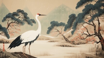 Beautiful cranes bird mountain tree acrylic painting wallpaper image AI generated art - obrazy, fototapety, plakaty