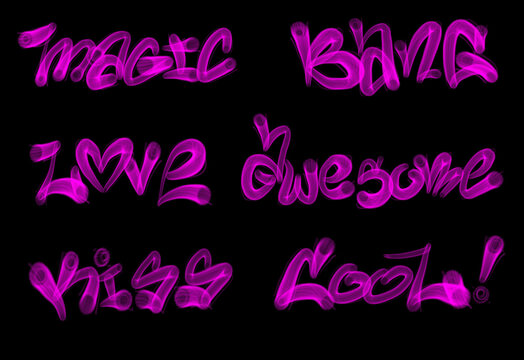 Collection of graffiti street art tags with words and symbols in pink color on black background