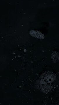 Asteroid belt field in dark outer space. 3D animation wide pan shot. Rock formations of cosmic debris and giant Meteorites. Celestial objects on starry stars background with dust nebula haze low light