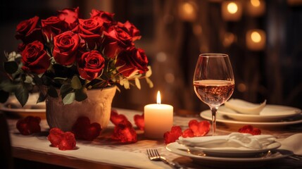Obraz na płótnie Canvas A cozy and romantic candlelight dinner on Valentine's Day