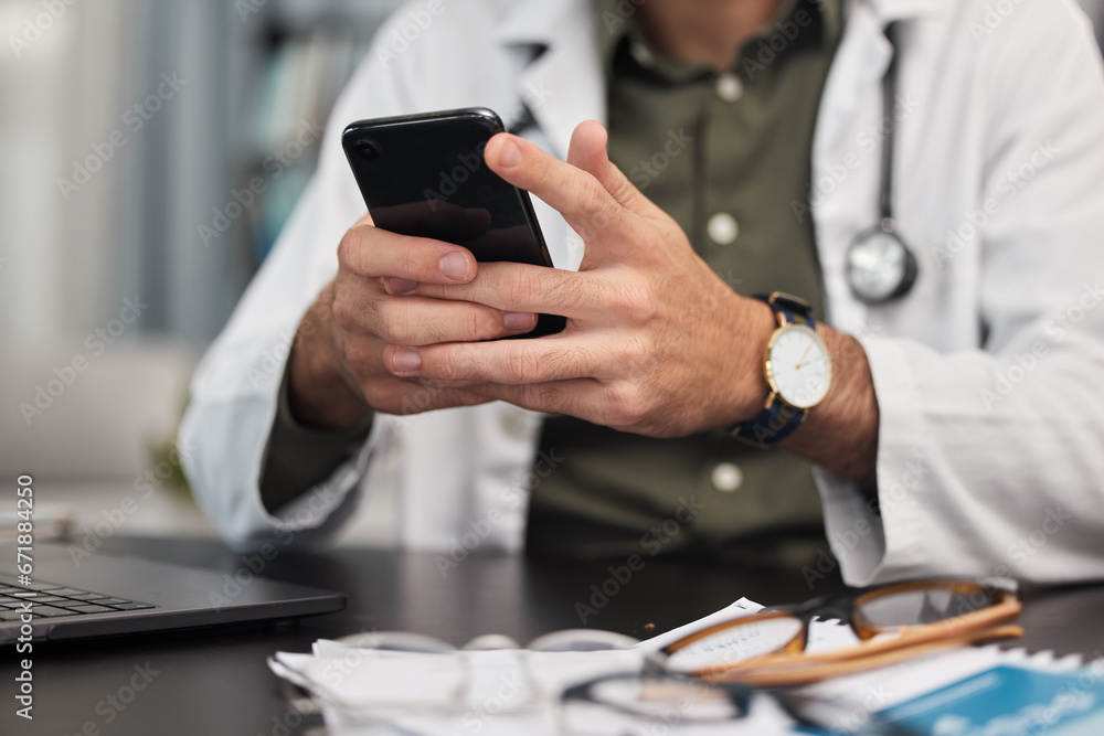 Poster hands, phone and doctor in office with social media, texting and web scroll. person, mobile message 