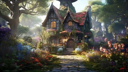 Beautiful flower garden hidden fairy house fantasy wallpaper image AI generated art