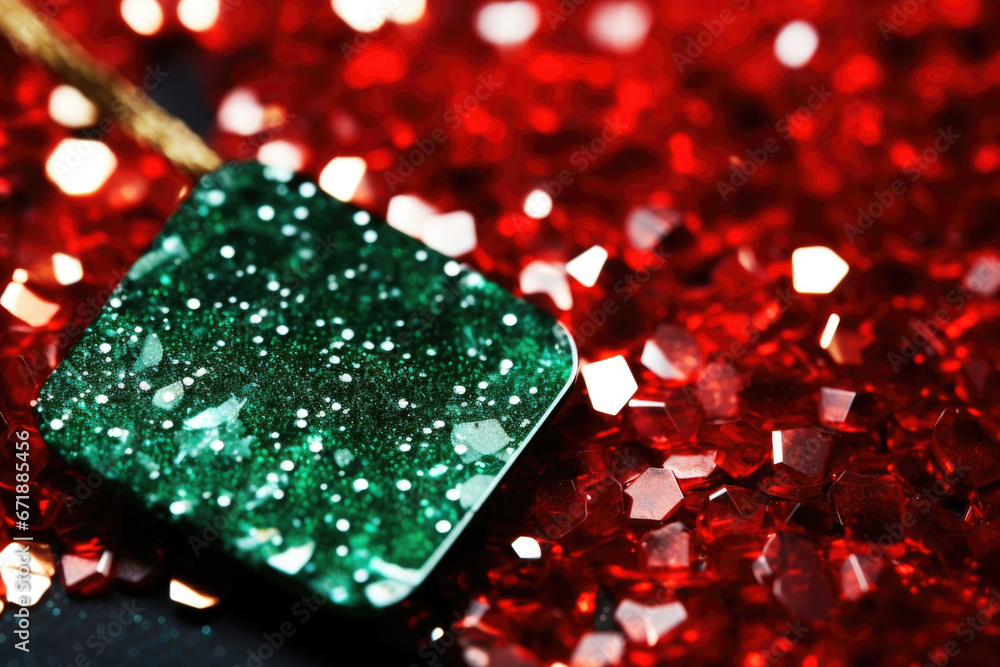 Poster macro shot of tiny red and green sequins carefully p to create a sparkling border on a festive felt 